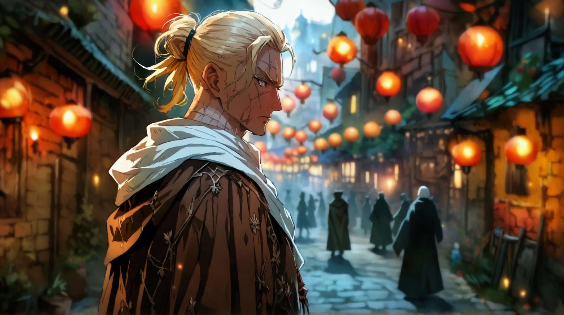 Large European man, blond hair tied back, serious look, scar on neck and chest, brown robe, white blouse, dark European alley background, ((Intricate anime character design inspired by Paranormal Order)), ((Stunning lighting)), ((Fine lines)), ((Stunning focus)), ((Centered character)), ((Stunning face)), ((Detailed focus)), ((Detailed background)), ((Ultra-fine 2D design)), ((Creative backdrop)), ((2D masterpiece)), ((Best quality)), ((8K anime style)), ((Full body))
