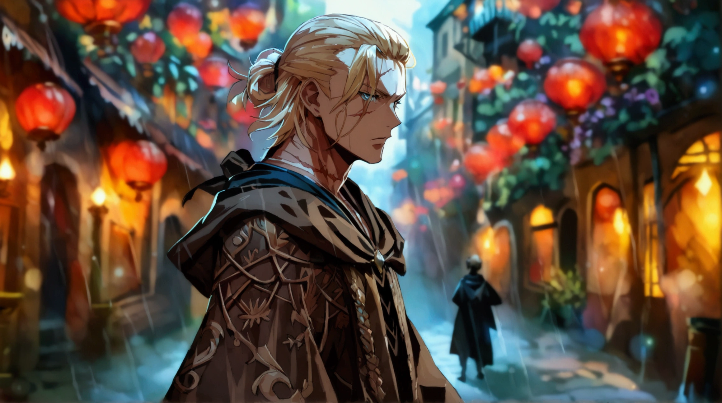 Large European man, blond hair tied back, serious look, scar on neck and chest, brown robe, white blouse, dark European alley background, ((Intricate anime character design inspired by Paranormal Order)), ((Stunning lighting)), ((Fine lines)), ((Stunning focus)), ((Centered character)), ((Stunning face)), ((Detailed focus)), ((Detailed background)), ((Ultra-fine 2D design)), ((Creative backdrop)), ((2D masterpiece)), ((Best quality)), ((8K anime style)), ((Full body))