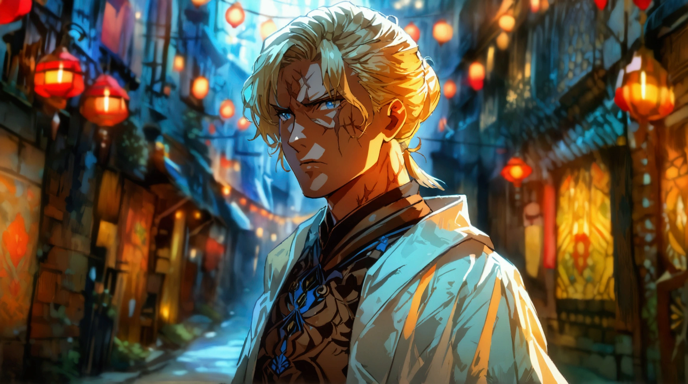 Large European man, blond hair tied back, serious look, scar on neck and chest, brown robe, white blouse, dark European alley background, ((Intricate anime character design inspired by Paranormal Order)), ((Stunning lighting)), ((Fine lines)), ((Stunning focus)), ((Centered character)), ((Stunning face)), ((Detailed focus)), ((Detailed background)), ((Ultra-fine 2D design)), ((Creative backdrop)), ((2D masterpiece)), ((Best quality)), ((8K anime style)), ((Full body))