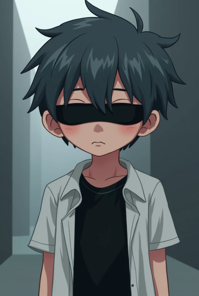 A boy with a black band in front of both eyes he has dark gray hair he wears a black t-shirt with a white coat underneath make him like a minecraft character with the band covering the entire eye with the eye