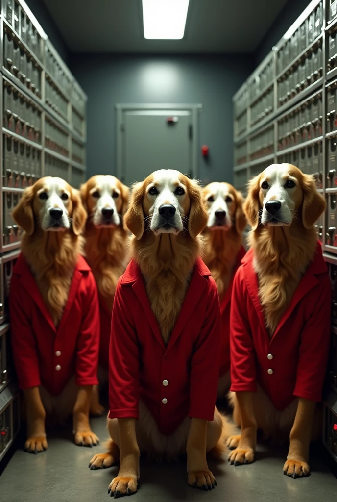 La casa de papel series with seven golden retrievers with Dali masks