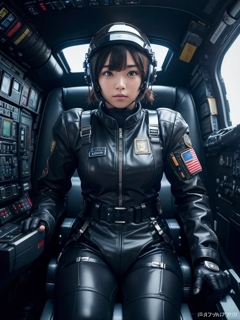 masterpiece, Highest quality, Very detailed, Japanese Android girl,Plump,Slightly thicker,Control panel,Android,cyborg,Blunt bangs,sitting in the cockpit of a fighter jet,Black combat uniform,Harness Belt,Helmet