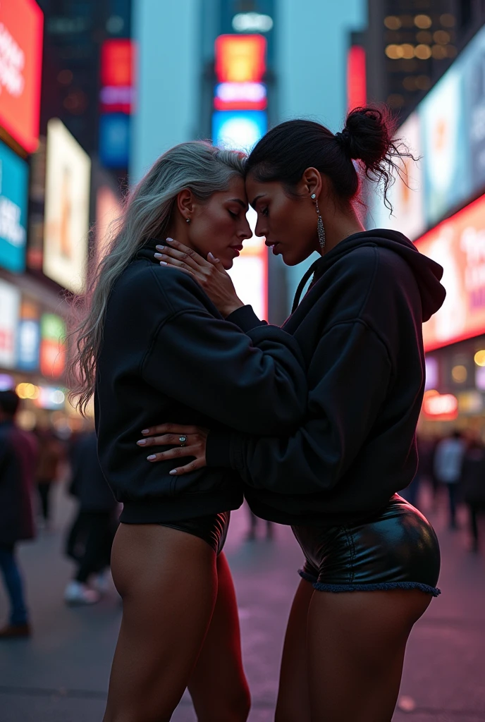 black woman hair in a bun black hoodie black leather short shorts bent over and old woman humping her bump time square new york city