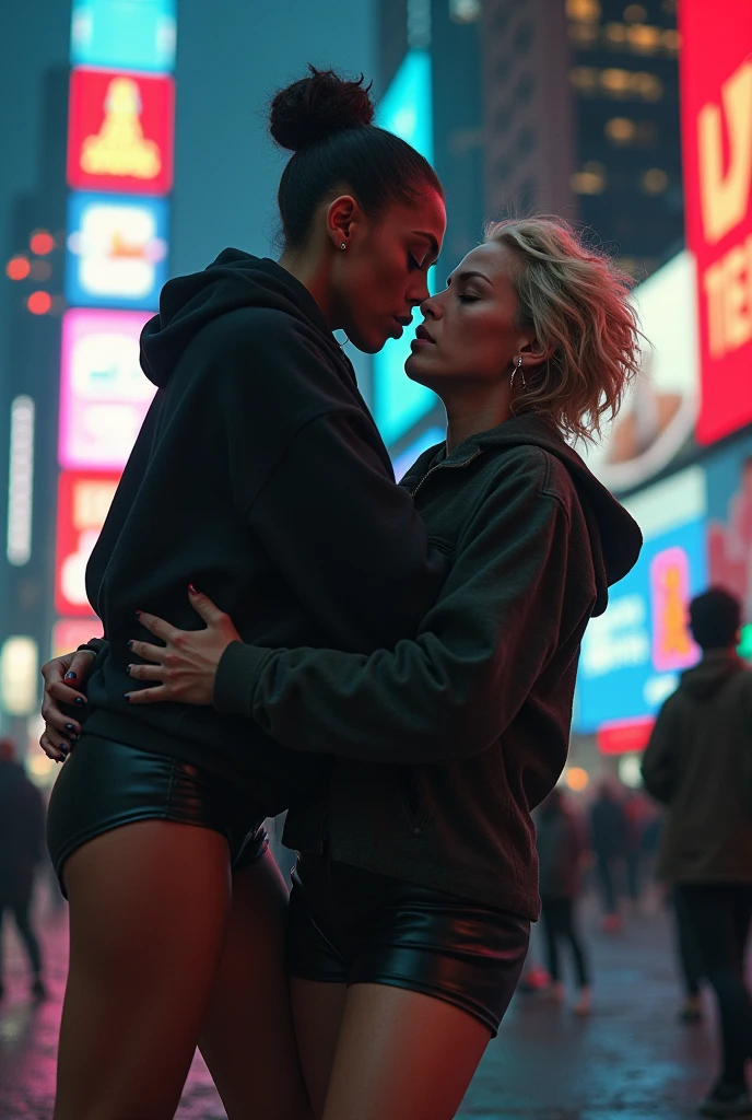 black woman hair in a bun black hoodie black leather short shorts bent over and old woman humping her bump time square new york city
