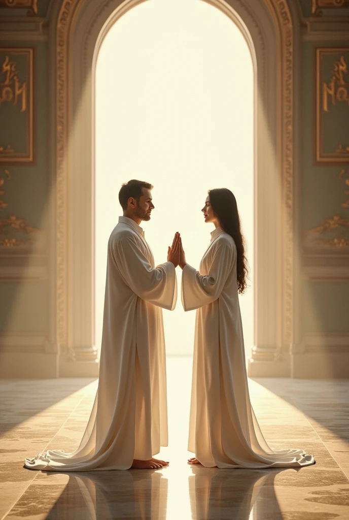 We stood with our hands together in white clothes in the temple.