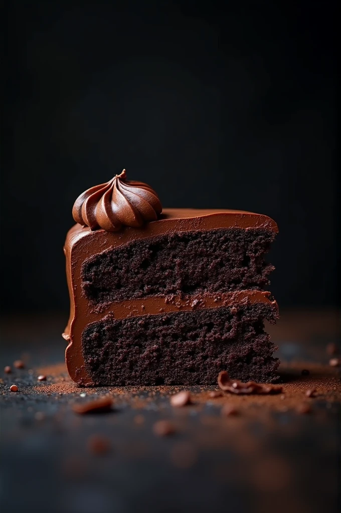 cinematic film still chocolate, chocolate cake, dark background, quality photo, moist texture, frosting, studio photo, slice . shallow depth of field, vignette, highly detailed, high budget, bokeh, cinemascope, moody, epic, gorgeous, film grain, grainy