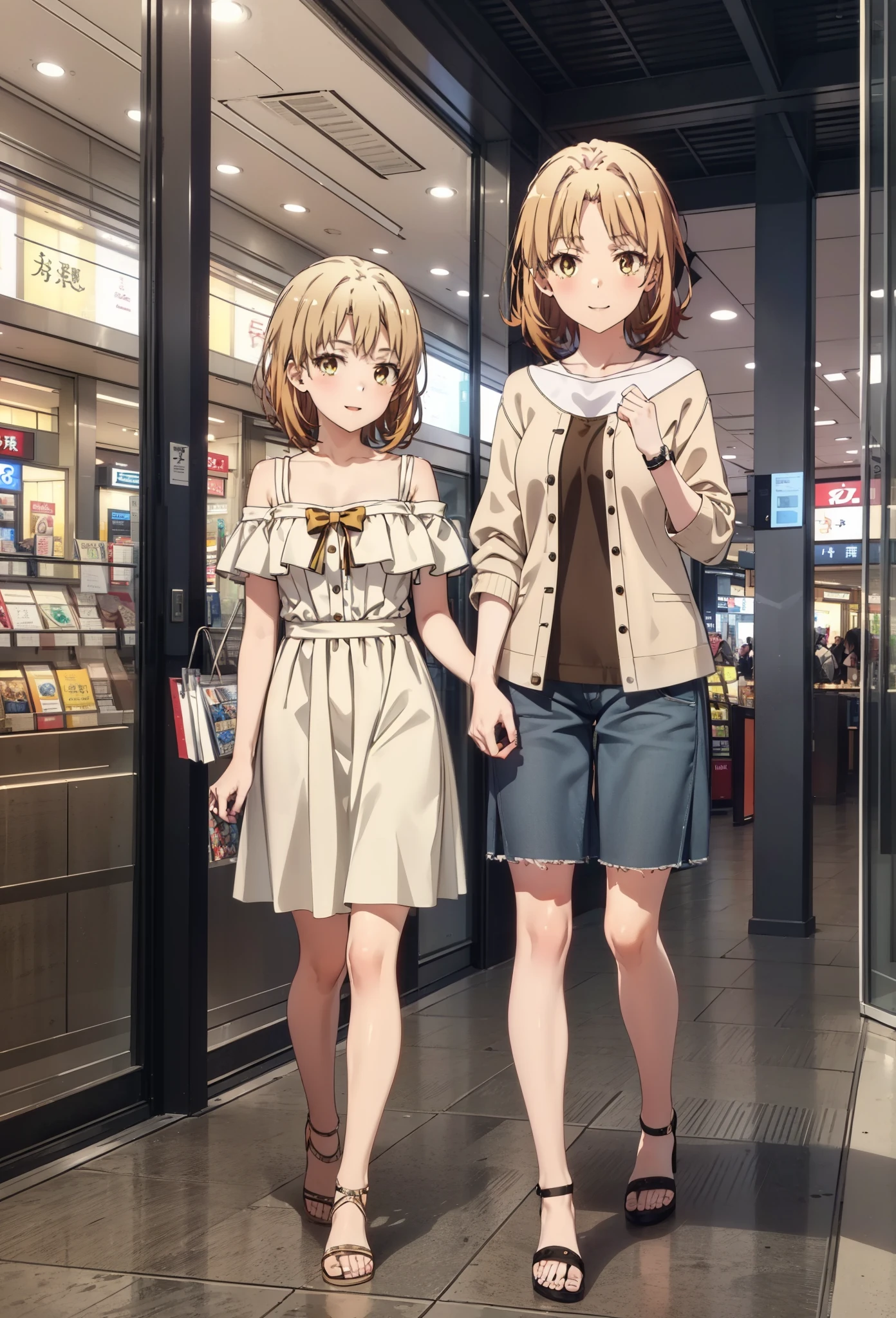 Irohaisshiki, isshiki iroha, short hair, Brown Hair, (Brown eyes:1.5), smile,Open your mouth,smile,Off-the-shoulder yellow dress,mini skirt,Cute heeled sandals,Walking,whole bodyがイラストに入るように,
break indoors,Shopping mall,
break looking at viewer,whole body, (Cowboy Shot:1),
break (masterpiece:1.2), Highest quality, High resolution, unity 8k wallpaper, (figure:0.8), (Beautiful attention to detail:1.6), Highly detailed face, Perfect lighting, Highly detailed CG, (Perfect hands, Perfect Anatomy),