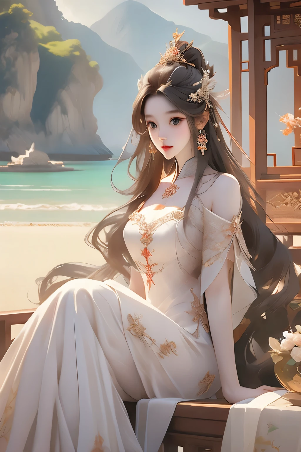 A beautiful woman sitting on the beach holding a clock, the Sea Queen Mu Yanling, a gorgeous digital art masterpiece, 4k highly detailed digital art, a beautiful fantasy queen, 8K high quality detailed artwork, beautiful fantasy, by artist Yang Jie, gorgeous and lavish digital art, in the style of Guo Wei, beautiful fantasy art, Chinese fantasy
