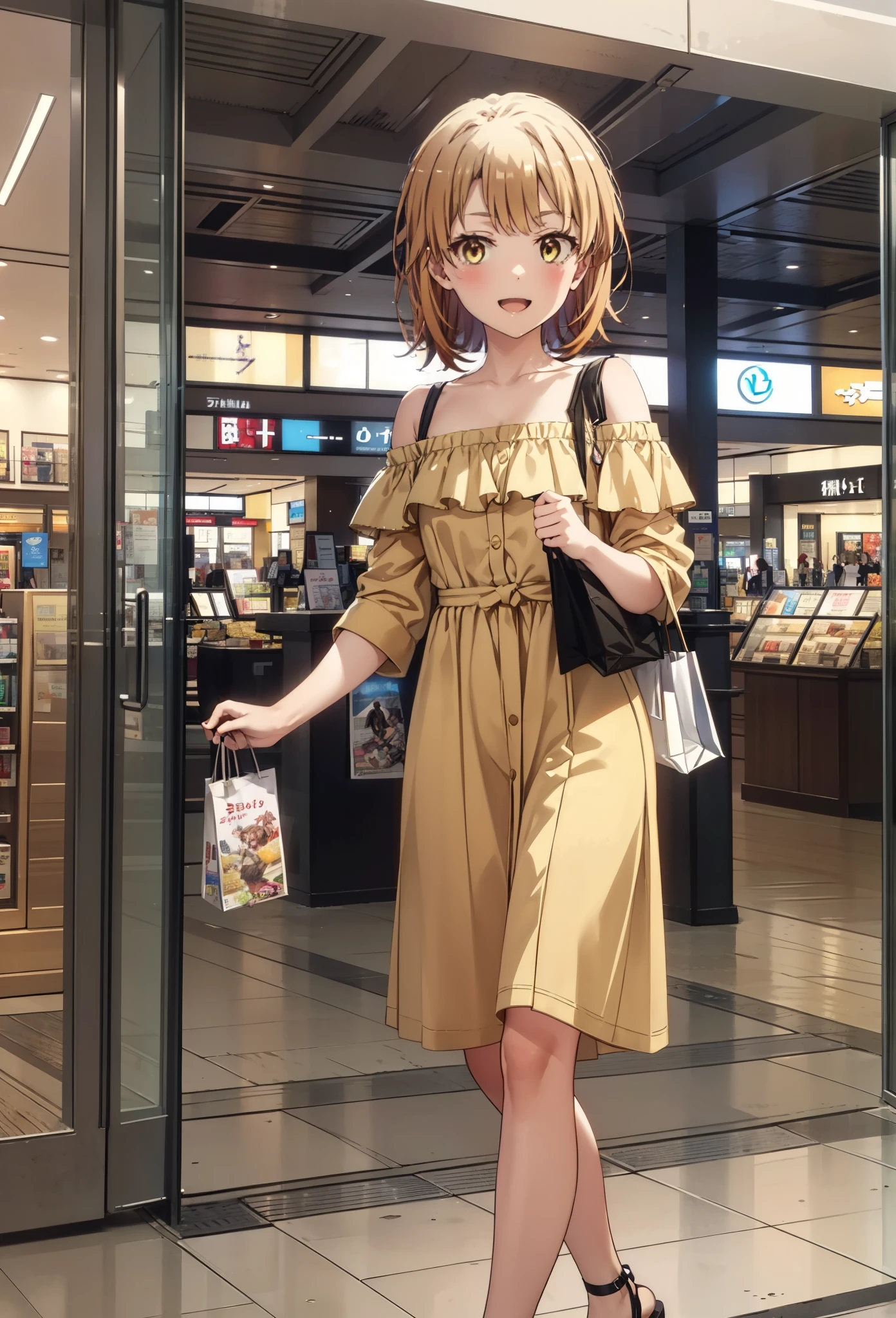 Irohaisshiki, isshiki iroha, short hair, Brown Hair, (Brown eyes:1.5), smile,Open your mouth,smile,Off-the-shoulder yellow dress,mini skirt,Cute heeled sandals,Walking,whole bodyがイラストに入るように,
break indoors,Shopping mall, 
break looking at viewer,whole body, (Cowboy Shot:1),
break (masterpiece:1.2), Highest quality, High resolution, unity 8k wallpaper, (figure:0.8), (Beautiful attention to detail:1.6), Highly detailed face, Perfect lighting, Highly detailed CG, (Perfect hands, Perfect Anatomy),