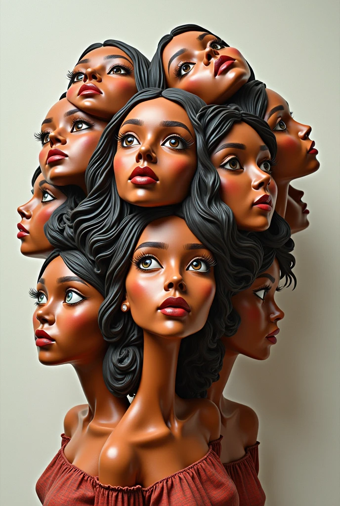 Expressionist artwork images of multiple floating ceramic heads of brown women, 3d collage style, make it weird and gallery worthy