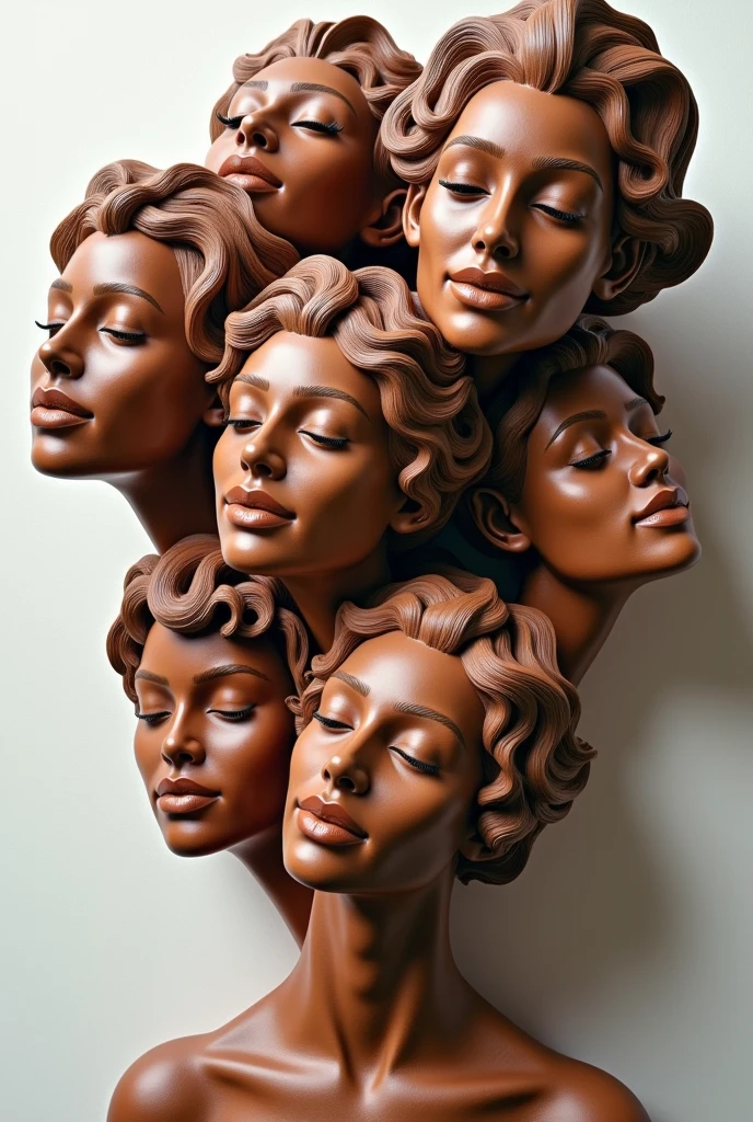 Expressionist artwork images of multiple floating ceramic heads of brown women, 3d collage style, make it weird and gallery worthy