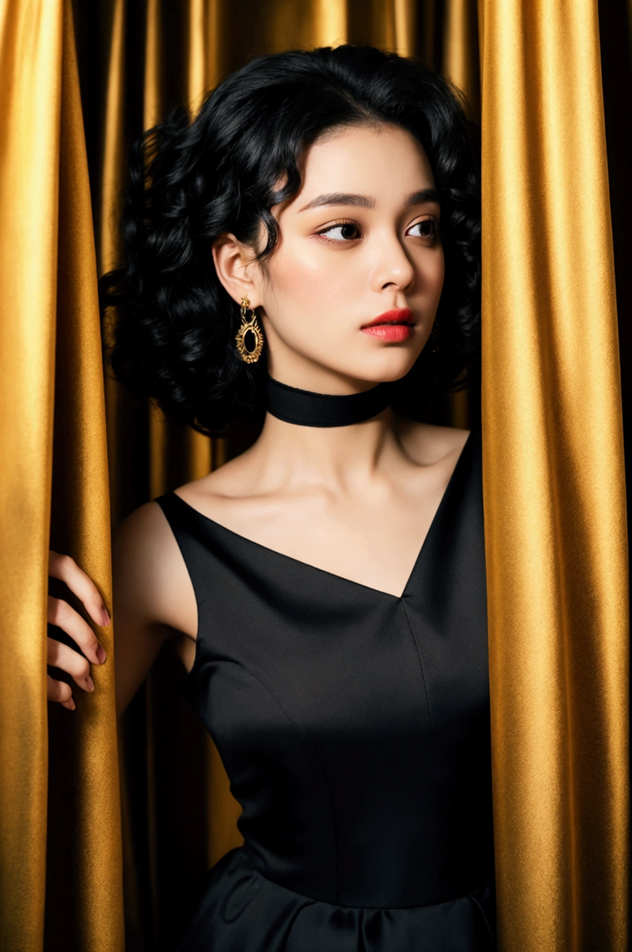 oval face woman, black curly hair, curtain, witch, poured