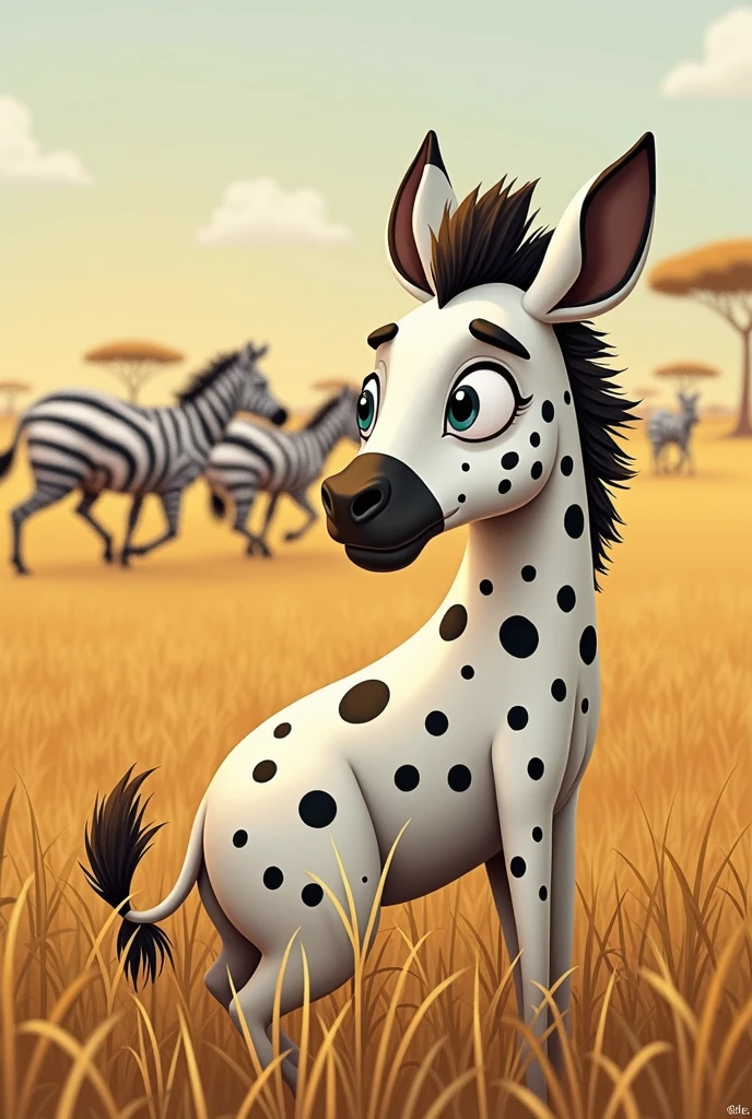 Illustrious Zenia in a savannah field, looking with a sad and thoughtful look at a group of zebras with black and white stripes that are playing and running together. Zênia must appear isolated and with an expression of loneliness and desire to fit in.. Its body is white with black dots, and it must be a little far away, watching the scene.