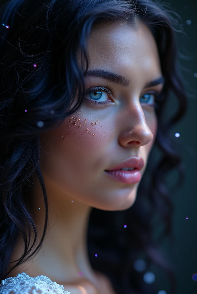 HD Photography, just the face of a beautiful woman like Aphrodite, with black hair and sapphire blue eyes as clear as the sky, HIGHLIGHT SAPPHIRE BLUE EYES, with purple and pink glitter on the face, Profile, looking ahead, that only his face is seen, dark background, glow daylight, with glitter in the air