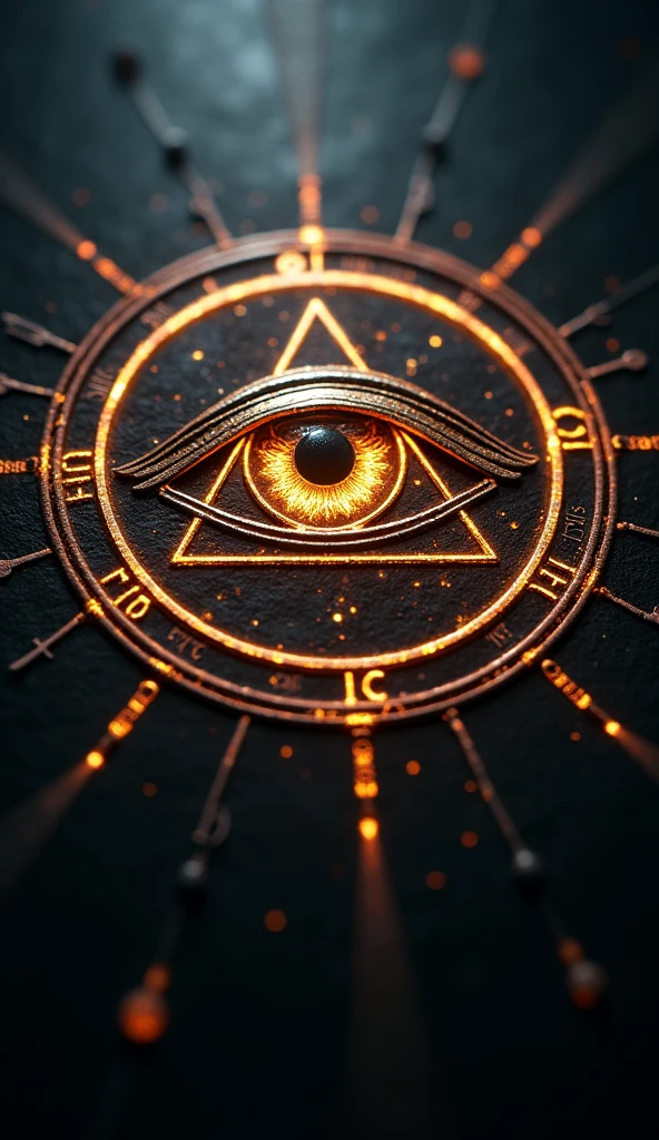 Close-up shot, Low angle shot, (A final, symbolic image of the Illuminati’s all-seeing eye symbol glowing ominously in the darkness. The symbol is intricately detailed, with the eye at the center surrounded by rays of light and ancient symbols. The background is a deep, inky black, with the eye’s glow providing the only illumination. The mood is one of mystery and intrigue, inviting the viewer to explore more secrets from the past.)unreal engine, cinematic, hyper-real, highly detailed, Ultra realistic HD --q 2 --v 6.1 --ar 9:16  