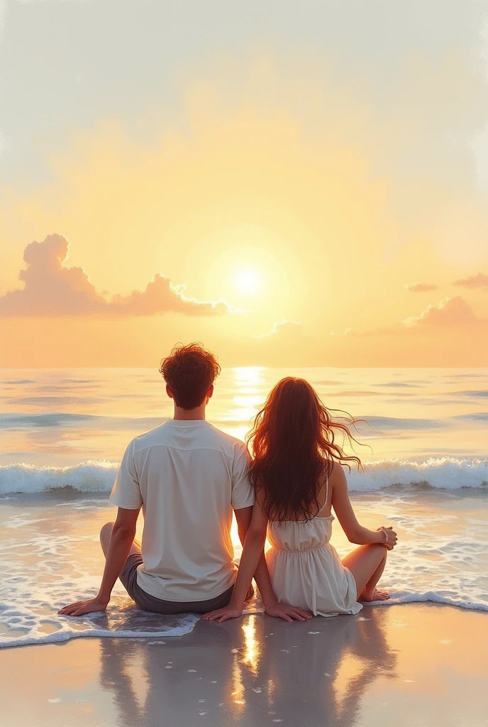 A man and a woman on the beach watching the sunset in watercolor style
