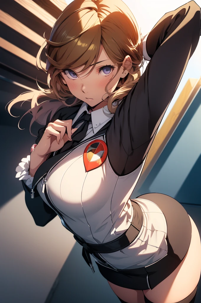 (Best quality, Ultra detailed, Golden ratio, Masterpiece:1.2), Theatrical lighting:0.7(ray tracing), 1 girl, Ken Amada from Persona 3, turned into a woman, posing, athletic body, small thighs, small breasts,perky breasts, heart-shaped ass, tight pussy(shiny skin)(detailed skin) (perfect hands), posing, mature, sexual, attractive, lewd, orgasmic, blushing, very feminine, wearing a School uniform, thigh highs(perfect eyes), on a rooftop at night