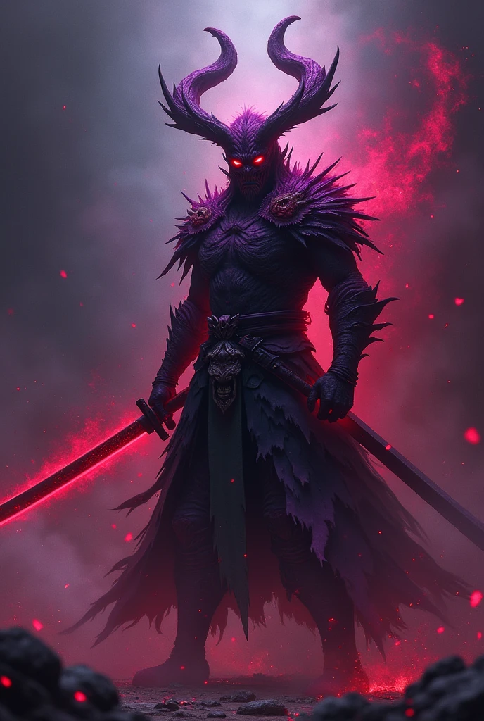 Demonic samurai, large horns and katana, menacing red and purple vigor
