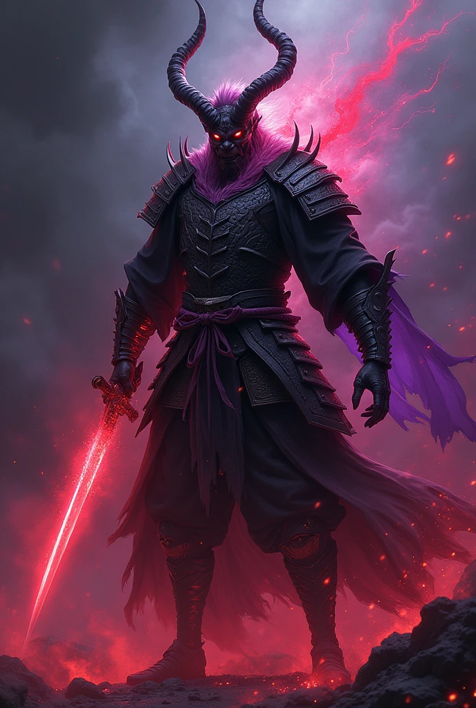 Demonic samurai, large horns and katana, menacing red and purple vigor