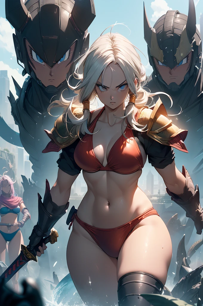 (Highest quality,4K,High resolution,masterpiece:1.2), (Ultra-detailed), (Slender beauty)(Age 27)(Holding a sword:1.3) (Dynamic Art), (looking at the camera) (Dragon Ball Z setting), (The whole body is visible)(Vision:1.8), (Realist,photoRealist,photo-Realist:1.37), (High resolution,High resolution), (Portraiture), (Vibrant colors), (Long legs), (A noticeably elongated face), (Wide range) (Hermosos Fine grain), (Beautifully detailed lips), (Highly detailed eyes and face), , Bright eyes Dynamic angles and postures, Sweatびっしょり, Sweat, (Long eyelashes), (Sharp focus), (Physically Based Rendering), (8 heads,Beautiful female warrior), (Mature Woman) (Leg spread), (intense), (expression of intense desire), (Motion Blur), (elegant), (Slim figure:1.3), (Inspired by anime), (Bright light), (Cinema Lighting), (Contrasting colors), (Mysterious atmosphere), (Action-packed scenes), (Unique Look), (impressive), (Reveal costumes), (Exciting), (Expressive), (Interesting atmosphere), (monster:1.4) ((Highest quality)),((Very detailed)),masterpiece,Absurd,Detailed face,Beautiful Face,(Fine grain, Deep Eyes),((Dynamic pose)), (((Long white hair,Adult beauty,Inspired by Akira Toriyama))),(((Bikini Armor))),grassland,((In battle with dragons,)),Distant view Vision
Wide shot 広角
Long shot