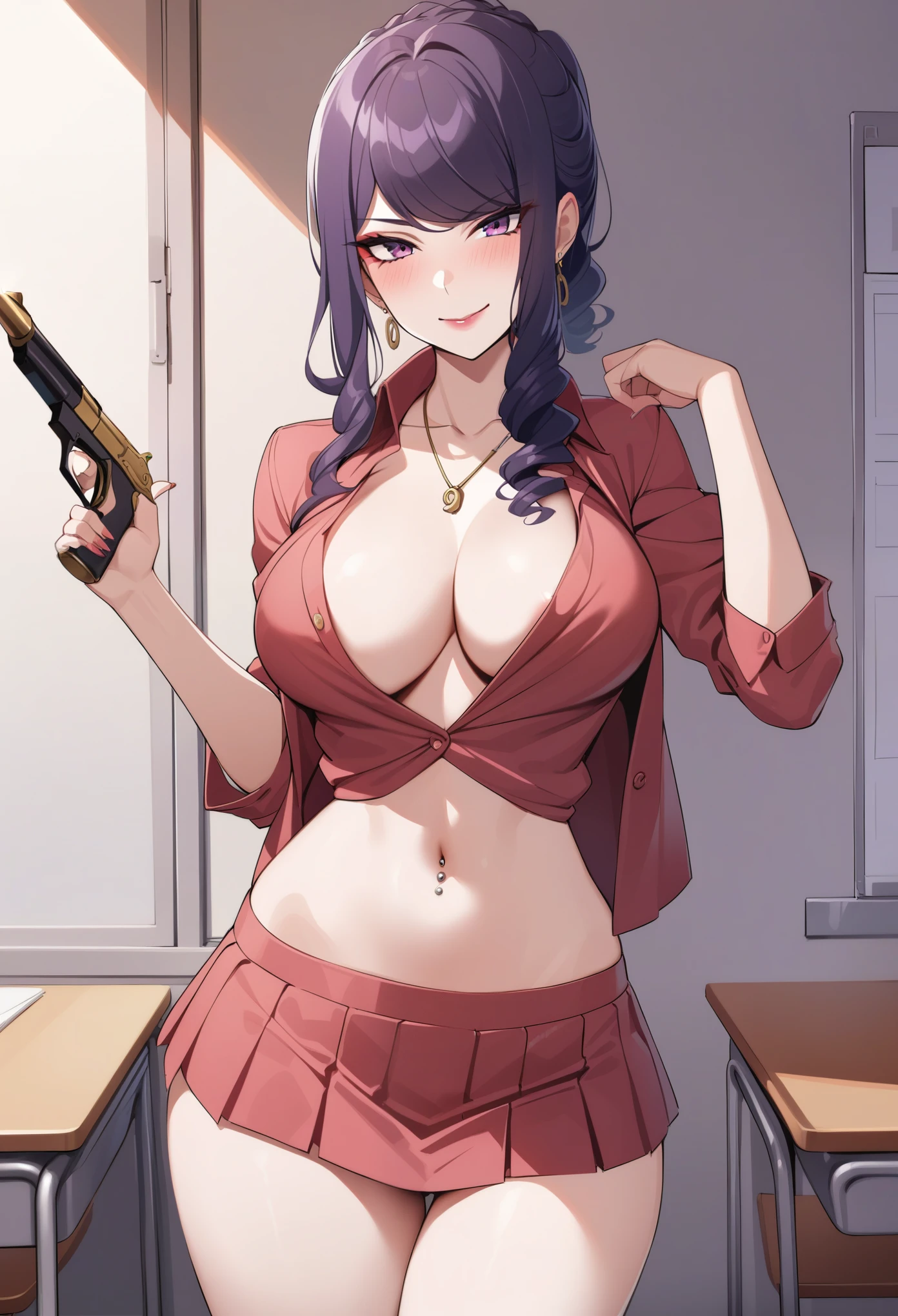 solo, 1girl, danmachiishtar, white skin, makeup, seductive smile, holding smoking pipe,Hot girl, baddie, lpng hair, bad attitude, mean girl, , smoking, sensual, attractive, blush, lipstick, masterpiece, best quality, ((unbuttoned school uniform, cleavage, necklace, earrings, sexy body,
breasts)) , micro skirt, smiling, navel , exposed belly, exposed navel,(nsfw) not safe for work,school,
classroom , hold a gun,knot, holding pistol,navel piercing