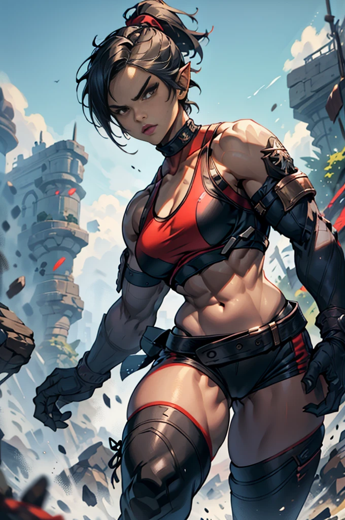 short ponytail hair, hairband, small breasts, fit toned body, gym uniform, red sports bra, red bloomers, gloves, black belt, wide curvy hips, big ass, detailed face, fighting stance, front shot, 1girl, solo, perfect face, slim jawline, full body shot, otherworldly hero, isekai anime, fantasy creature, mythic race,
