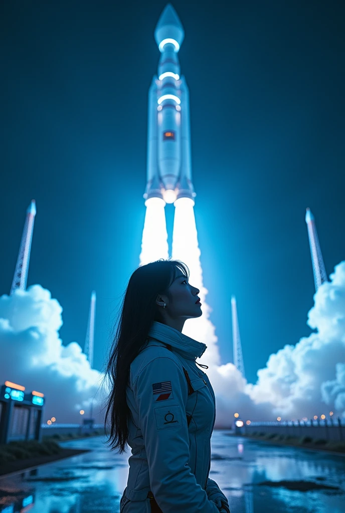 8k Beautiful Asian woman, dressed in astronaut suit, behind a launching space rocket, with blue and white neon lights, at night