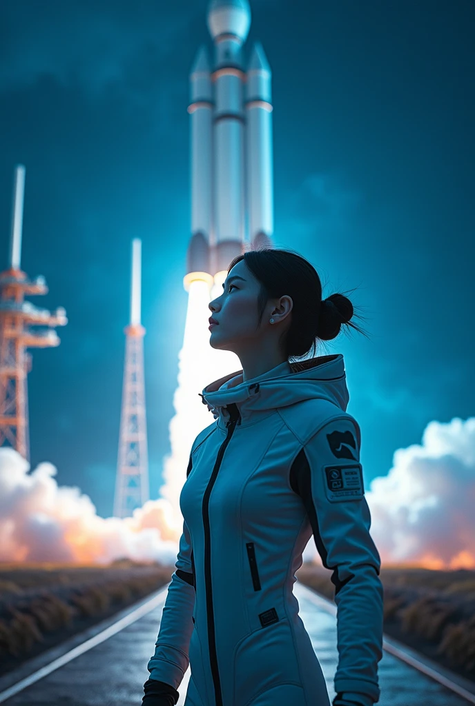 8k Beautiful Asian woman, dressed in astronaut suit, behind a launching space rocket, with blue and white neon lights, at night