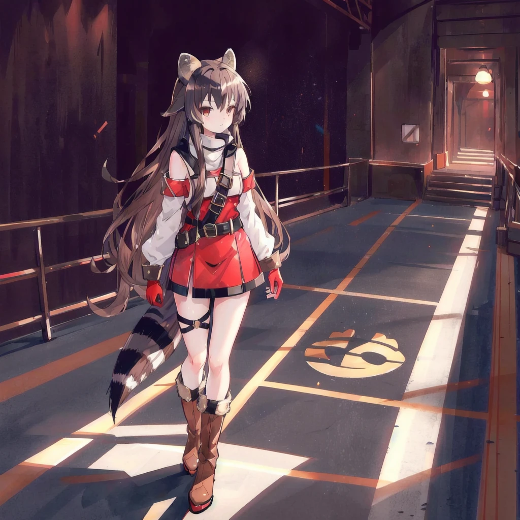 Raff, Raccoon ears, Raccoon Girl, Animal ears, Long hair, Brown hair, raccoon Tail, Tail, Gloves, brown Gloves, belt, Over the knee boots, High Leg Raise, Absolutely great opportunity, Red belt, masterpiece, best quality, Solitary, Movie Lighting, Looking at the audience, whole body