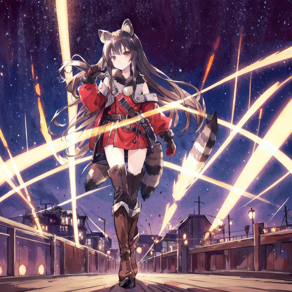 Raff, Raccoon ears, Raccoon Girl, Animal ears, Long hair, Brown hair, raccoon Tail, Tail, Gloves, brown Gloves, belt, Over the knee boots, High Leg Raise,  Absolutely great opportunity, Red belt, masterpiece, best quality, Solitary, Movie Lighting, Looking at the audience, whole body