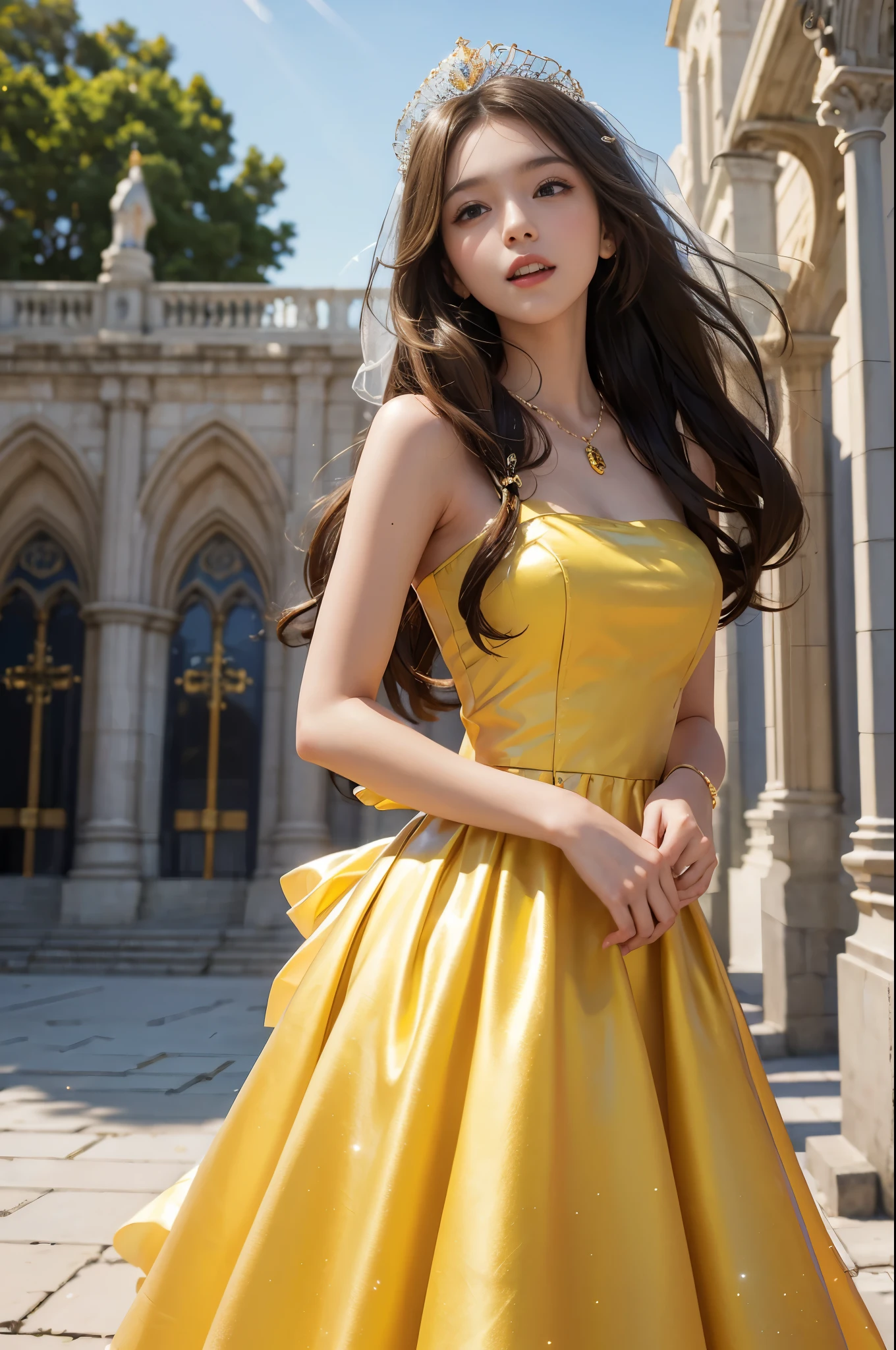 best quality, masterpiece, 1 girl, long hair, A huge laugh, cute teen, shiny lips, sweet, sun glare, Conservative attire, Disney Princess, yellow dress, Bridal Tiara, depth of field, blurred background, Cathedral Background, light particles, strong wind, head tilt