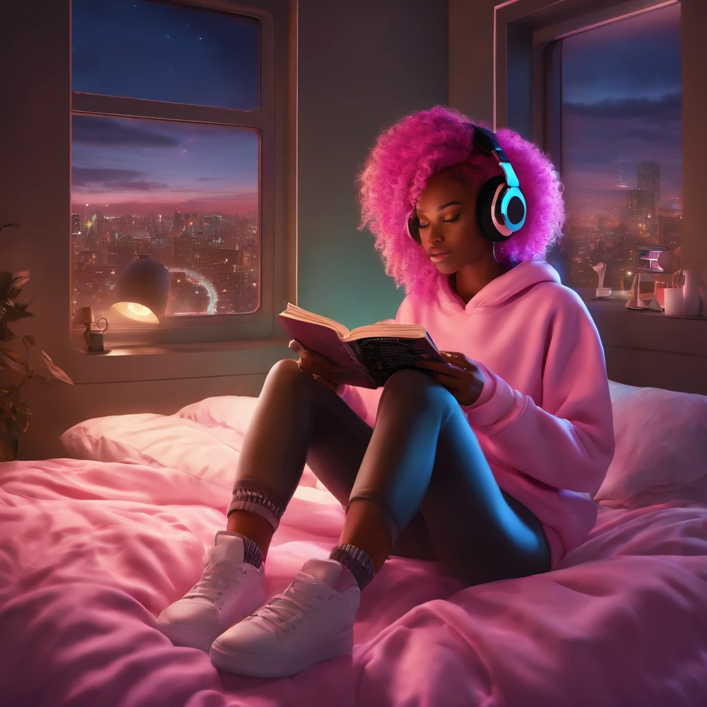 A black-skinned girl in a futuristic gamer-style room with curly pink hair and headphones, lying in bed reading a book next to a window , with a night landscape of a city lit up at night reading a book, wearing a sweatshirt and knee-high socks ,