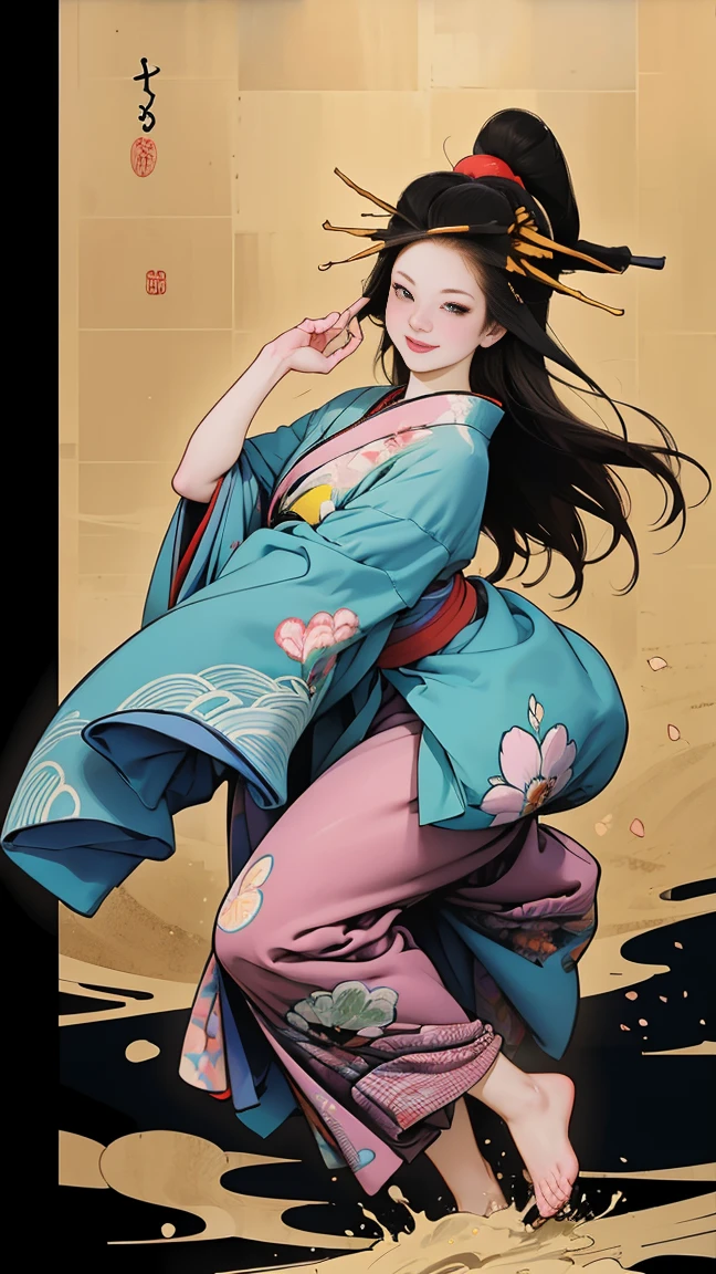 (SeaArt、I create amazing digital illustrations of beautiful women in kimonos)、Beautiful woman smiling and showing her upper white teeth、Vividly colored Ukiyo-e style illustrations、Brown-black long hair、Beautiful full body style、If you want to dance, Dance to the Tokyo Ondo, Good good、Beautiful new digital paintings,、 Bright and vibrant digital anime art、Beautiful anime portraits、Background、Torii gate of a Japanese shrine.、Detailed digital anime art、
