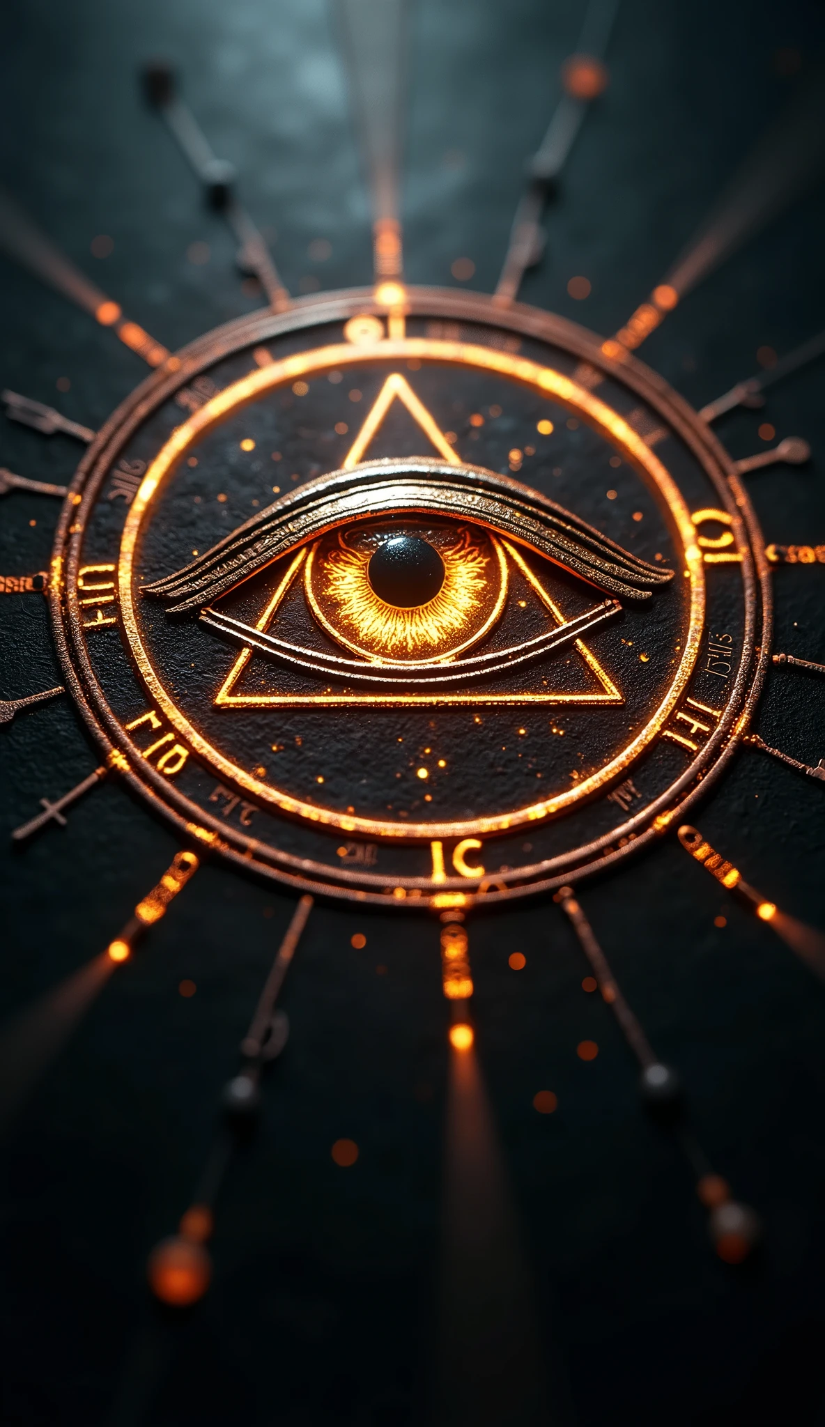 Close-up shot, Low angle shot, (A final, symbolic image of the Illuminati’s all-seeing eye symbol glowing ominously in the darkness. The symbol is intricately detailed, with the eye at the center surrounded by rays of light and ancient symbols. The background is a deep, inky black, with the eye’s glow providing the only illumination. The mood is one of mystery and intrigue, inviting the viewer to explore more secrets from the past.)unreal engine, cinematic, hyper-real, highly detailed, Ultra realistic HD --q 2 --v 6.1 --ar 9:16