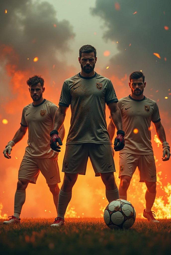 A photo of four players and a goalkeeper burned