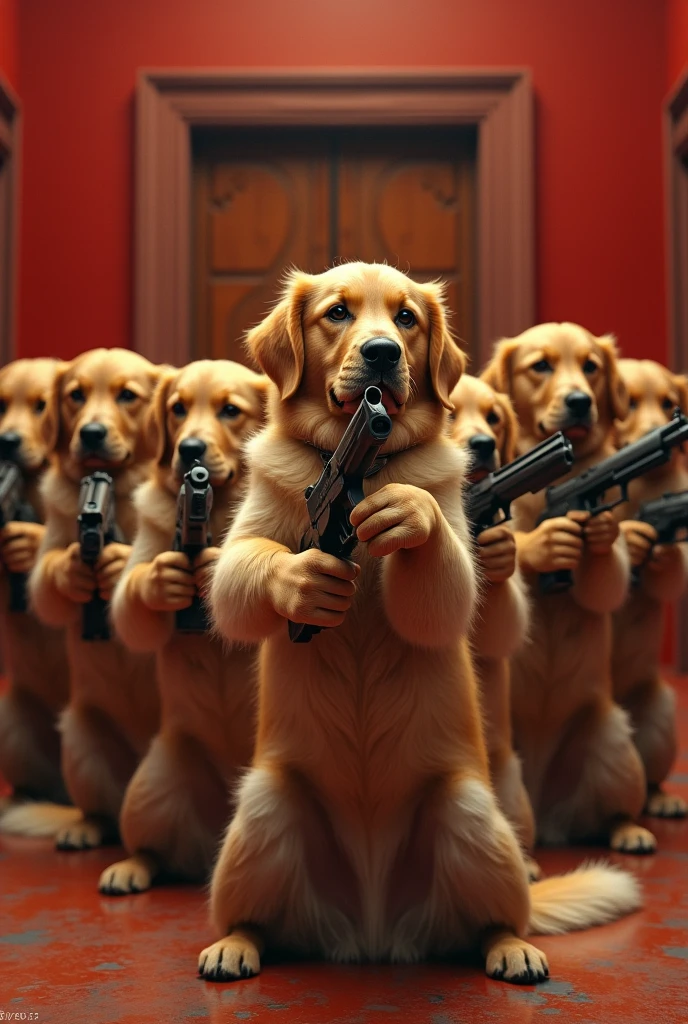 The house of paper series with seven golden retrievers with guns