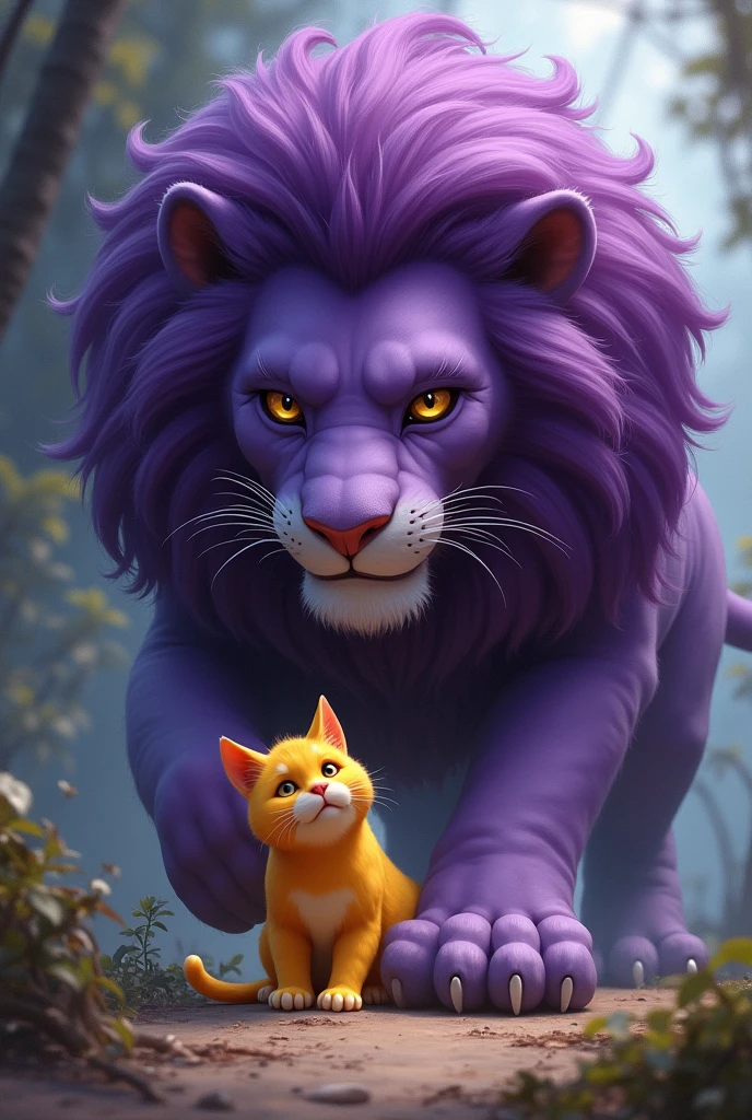 Purple lion saving yellow cat