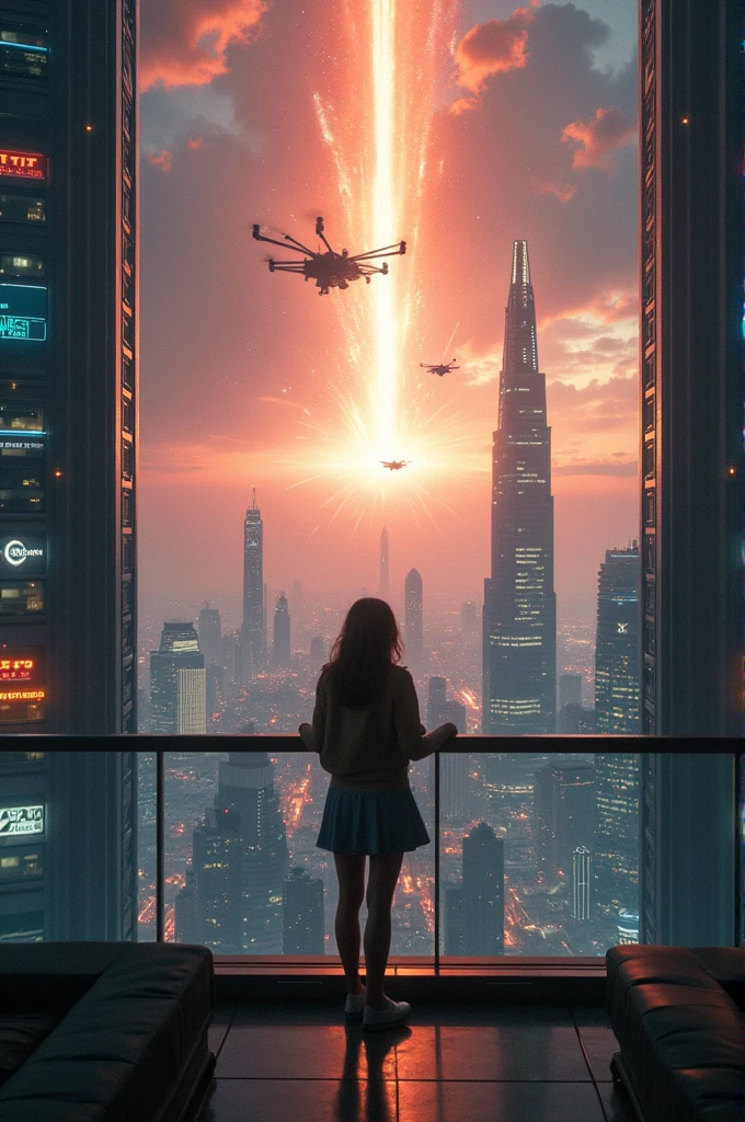Futuristic Skyline - Photograph of a futuristic city with towering skyscrapers, viewed by a woman from her high-rise balcony. Supernova in the sky. Shot on a Nikon D6 with a 24mm lens. --ar 2:3 --s 1000 --v 5.2 --style raw