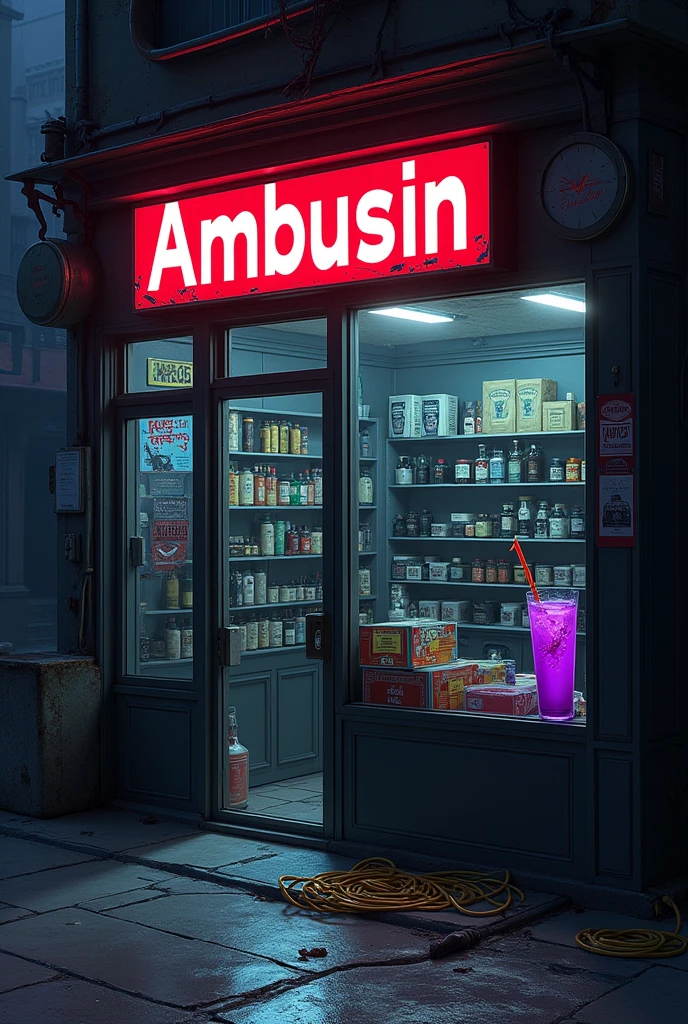 A square album cover A store with guns, drugs, gold cord, purple drink glass, a store with no one inside, just the products and the name of the sale is ambuzin sale