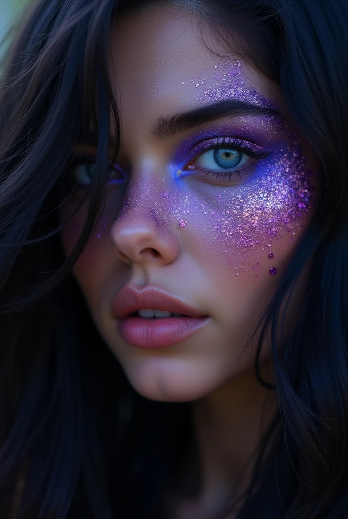 HD Photography, just the face of a beautiful woman like Aphrodite, with black hair and sapphire blue eyes as clear as the sky, HIGHLIGHT SAPPHIRE BLUE EYES, with purple and pink glitter on the face, Profile, looking ahead, that only his face is seen, dark background, glow daylight, with glitter in the air, LET YOUR EYES BE WHAT STANDS OUT THE MOST AND THE ONLY THING THE IMAGE FOCUS ON