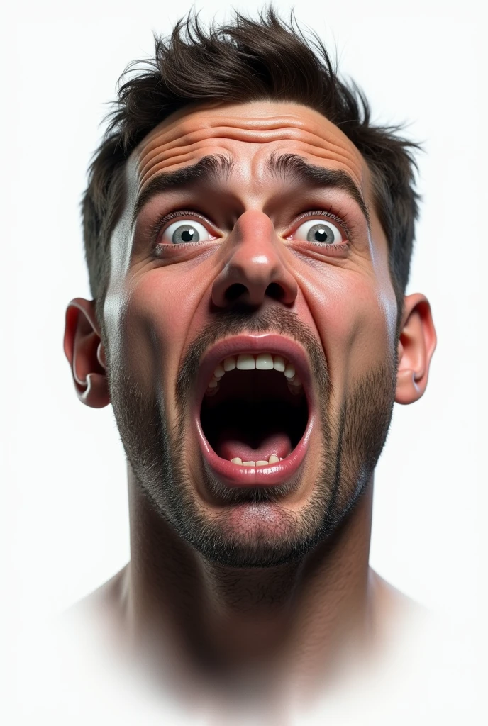 Create a male face with a scared expression. white background.