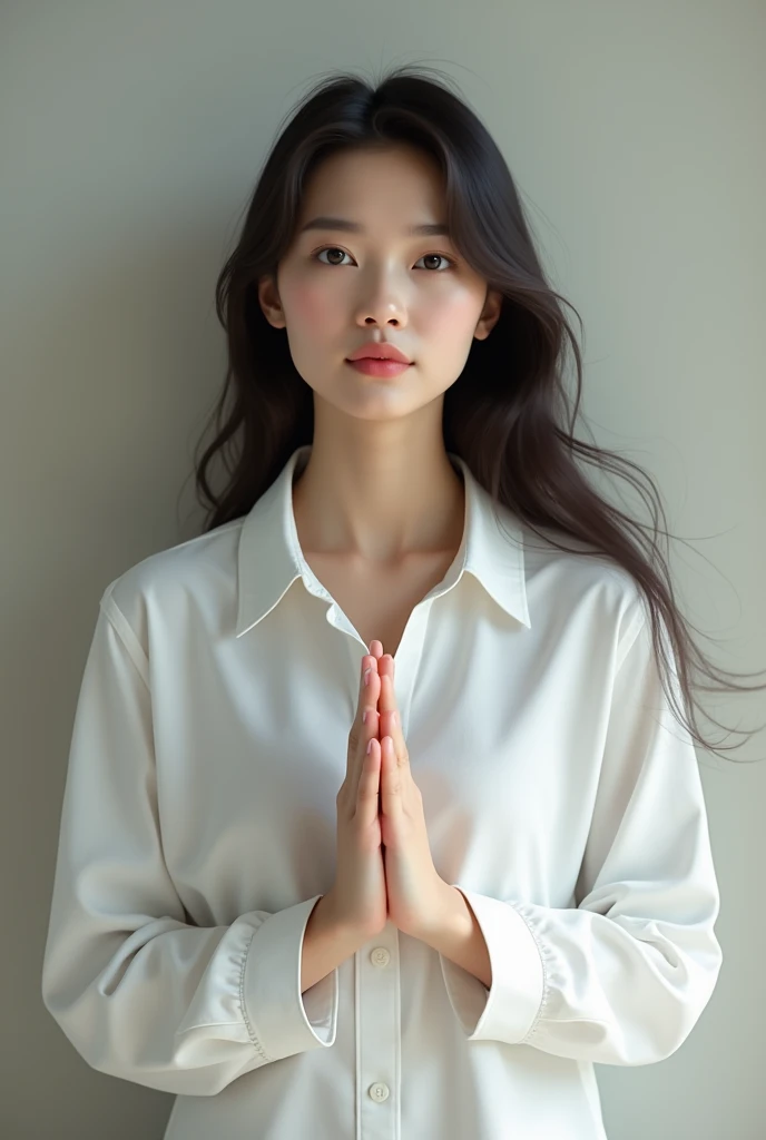 A woman in a white shirt stands with her hands together.