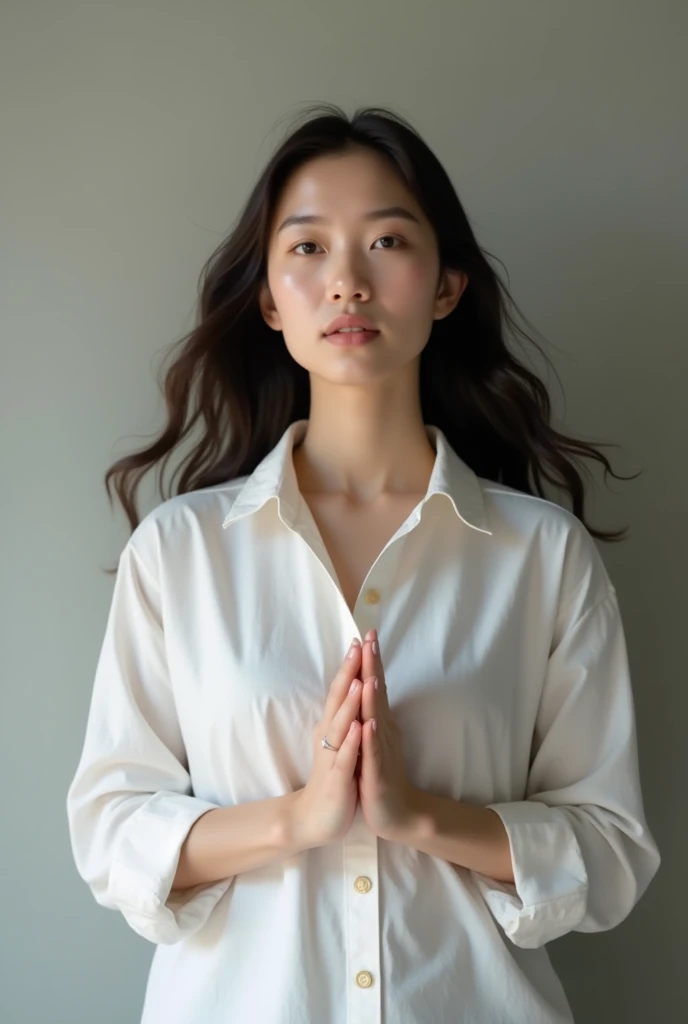 A woman in a white shirt stands with her hands together.