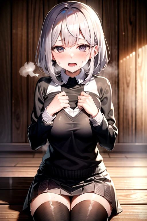 ((Highest quality)), ((masterpiece)), (detailed), Two people,Sweaty、Long sleeve uniform、sauna、Silver Hair、Wet hair、Sweating profuselyが流れている、skirt、black tights、Soaked、Sweaty、hot、steam、Sigh、shortness of breath、A lot of sweat is flying、Sweat dripping from your hands、Neck sweat、Sitting on the floor、Sweaty、Sweatyだく、Sweating profusely、I can not stop sweating、Large drops of sweat、Facial sweat、Sweaty hands、Hair sweat