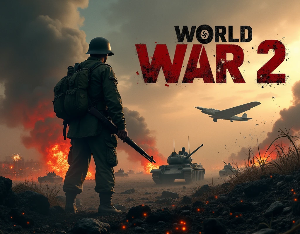 Create a YouTube thumbnail about “World War 2” with a dramatic and intense visual style. The background should include a war-torn battlefield scene with smoke, explosions, and debris. Place iconic symbols like a broken Nazi flag, tanks, and soldiers charging. On one side, depict a soldier in a helmet with a determined expression, gripping a rifle. On the opposite side, show a warplane in mid-flight with bullets or missiles shooting out. Use bold, large text for the title “World War 2” in strong, metallic, or distressed font, with a fiery glow or shadow for emphasis. The overall color scheme should have dark, moody tones, with flashes of orange and red to convey action and urgency. The thumbnail should feel epic, historical, and gripping. Make it like real Place iconic symbols like a broken Nazi flag, tanks, and soldiers charging.