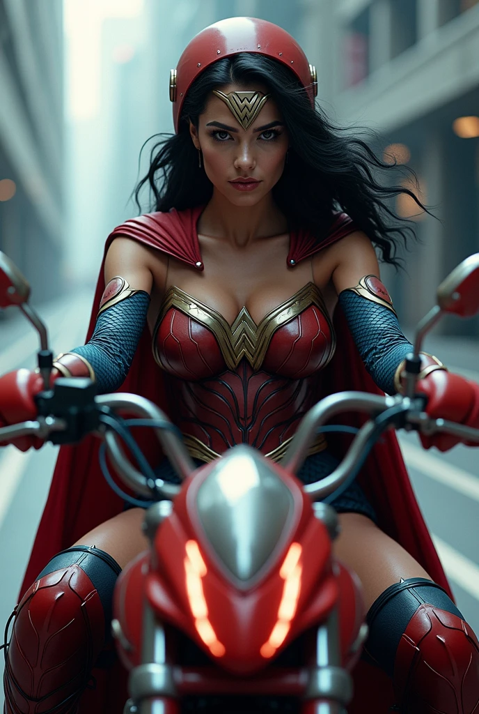 (((From extreme close-up a beautiful woman with black hair tied back in a ponytail under the cloak of the Amazon warrior Wonder Woman wearing a navy blue leather jumpsuit with scales covering her neck,torso and forearms (((Red corset in armor))) red helmet with Wonder Woman emblem on the front long red boots up to her knees riding a big red futuristic high displacement motorcycle Wonder Woman logos on the motorcycle)))