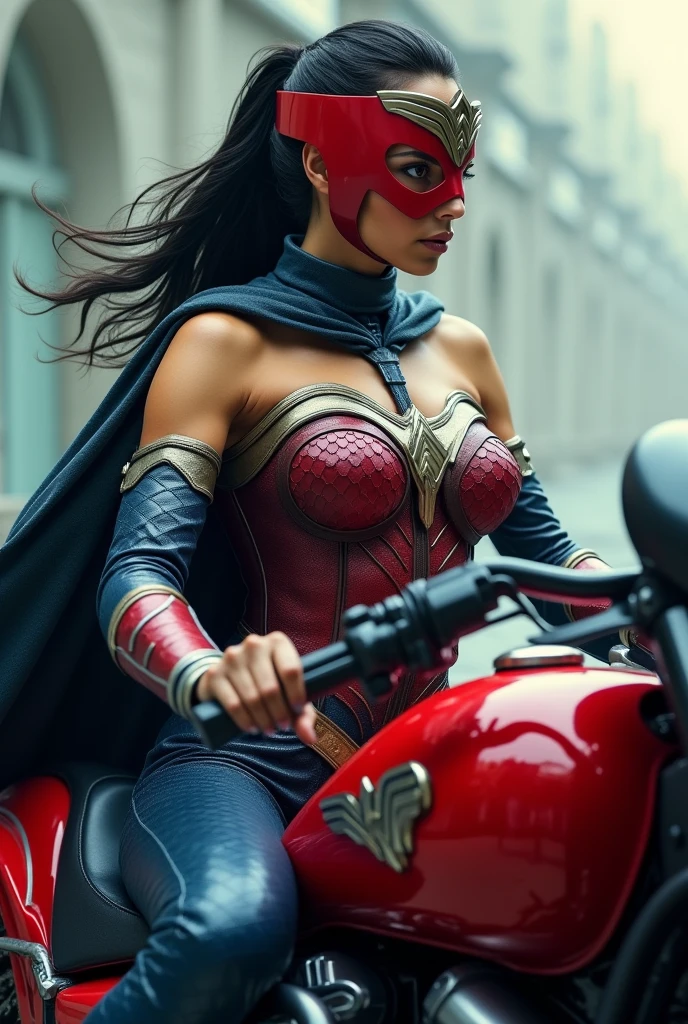 (((From extreme close-up a beautiful woman with black hair tied back in a ponytail under the cloak of the Amazon warrior Wonder Woman wearing a navy blue leather jumpsuit with scales covering her neck,torso and forearms (((Red corset in armor))) red helmet with Wonder Woman emblem on the front long red boots up to her knees riding a big red futuristic high displacement motorcycle Wonder Woman logos on the motorcycle)))