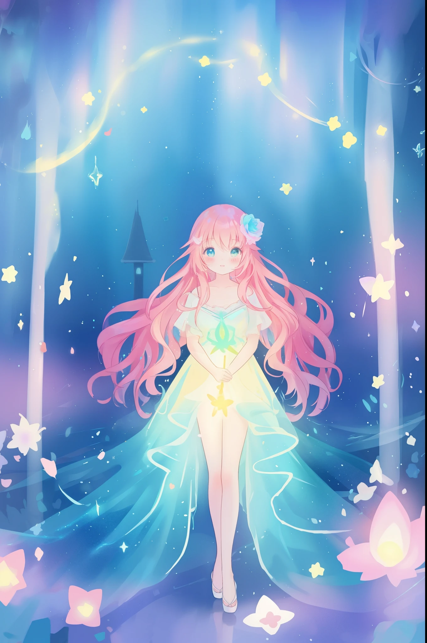 beautiful anime girl in flowing layered ballgown, vibrant pastel colors, (colorful), magical lights, magical flowers, flowers, glowing lights, red pink long wavy hair, sparkling lines of light, inspired by Glen Keane, inspired by Lois van Baarle, disney art style, by Lois van Baarle, glowing aura around her, by Glen Keane, jen bartel, glowing lights! digital painting, flowing glowing hair, glowing flowing hair, beautiful digital illustration, fantasia background, whimsical, magical, fantasy, beautiful face, ((masterpiece, best quality)), intricate details, highly detailed, sharp focus, 8k resolution, sparkling detailed eyes, liquid watercolor