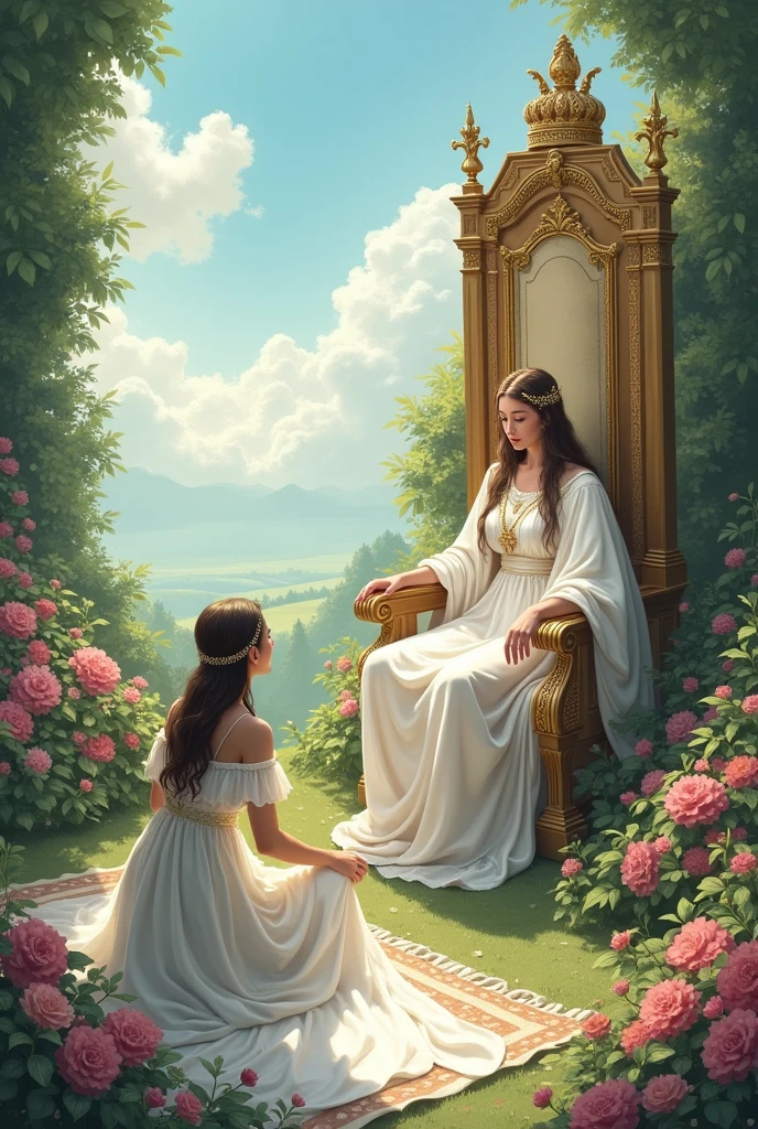 A woman on her knees with her head bowed in front of a throne, the woman in the white dress has a crown on her head, around the throne there is a beautiful flower garden, and above is the sky