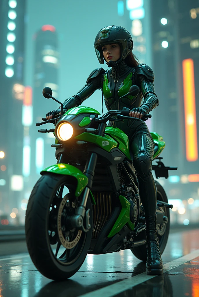 Highest image quality, outstanding details, ultra-high resolution, (realism: 1.4), the best illustration, favor details, highly condensed 1girl, with a delicate and beautiful face, dressed in a black and green mecha, wearing a mecha helmet, holding a directional controller, riding on a motorcycle, the background is a high-tech lighting scene of the future city. surreal illustration, surreal rendering, clean digital rendering, photo realistic rendering, surreal illustration